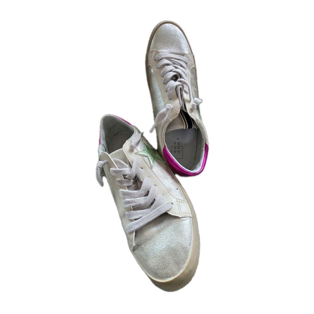 Shu Shop Paula Silver Distressed Shoes Sneakers Shiny Star US 7.5 - Picture 8 of 13